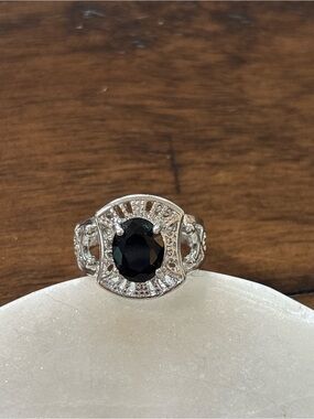 Silver-Tone Black Stone Halo Ring - Elegant Women's Jewelry
